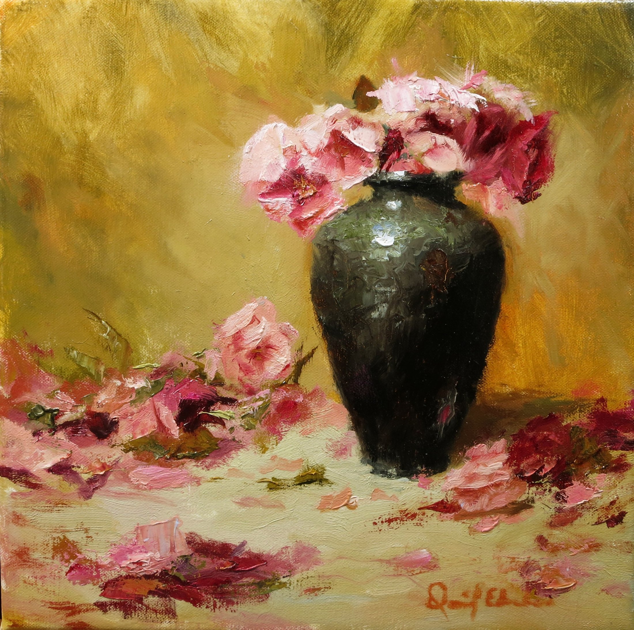 Black Vase with Flowers and Petals, original oil painting